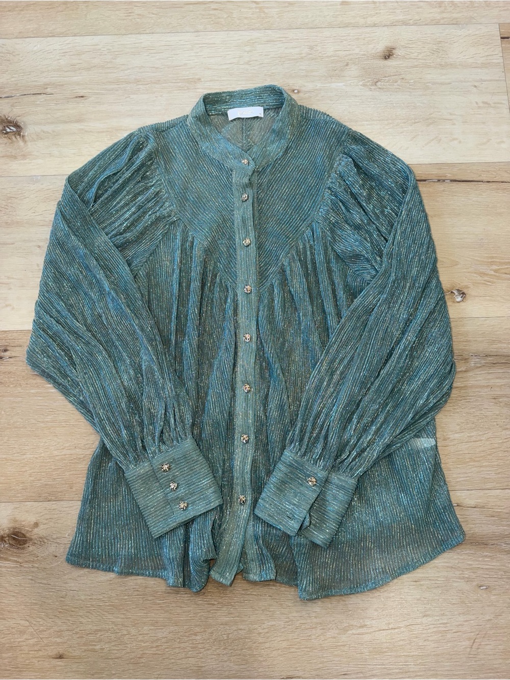 Kariella Metallic Teal Pleated Button Front Blouse M